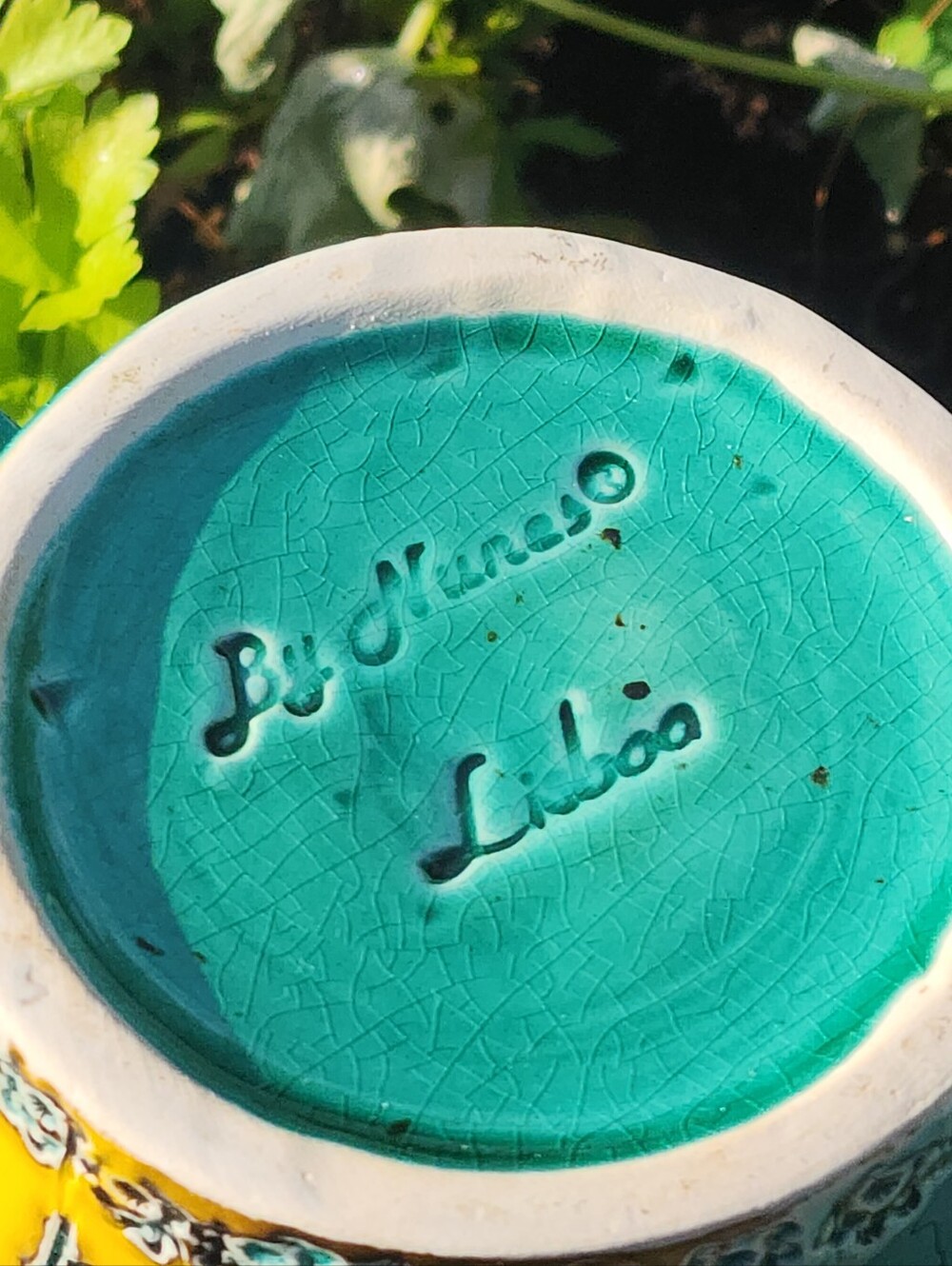 By Nunes Lisboa Portuguese Studio Pottery Mug Signed Artist Turquoise Yellow - Picture 2 of 8